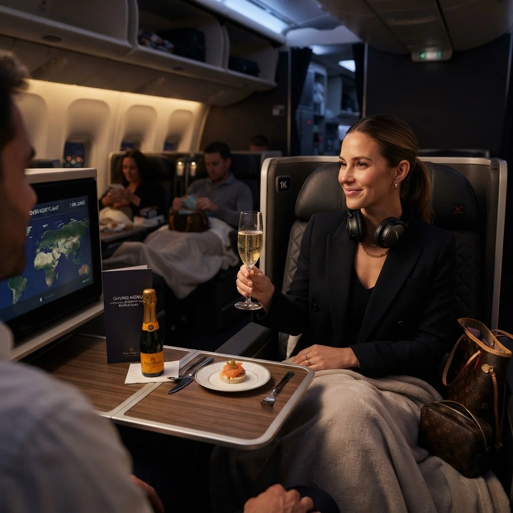 Business class dining with champagne before a long overnight flight